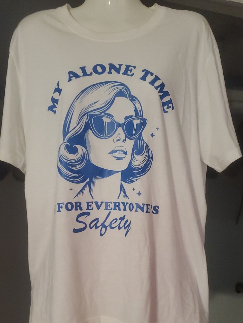 Graphic White Tee with Blue Retro Print - "My Alone Time"